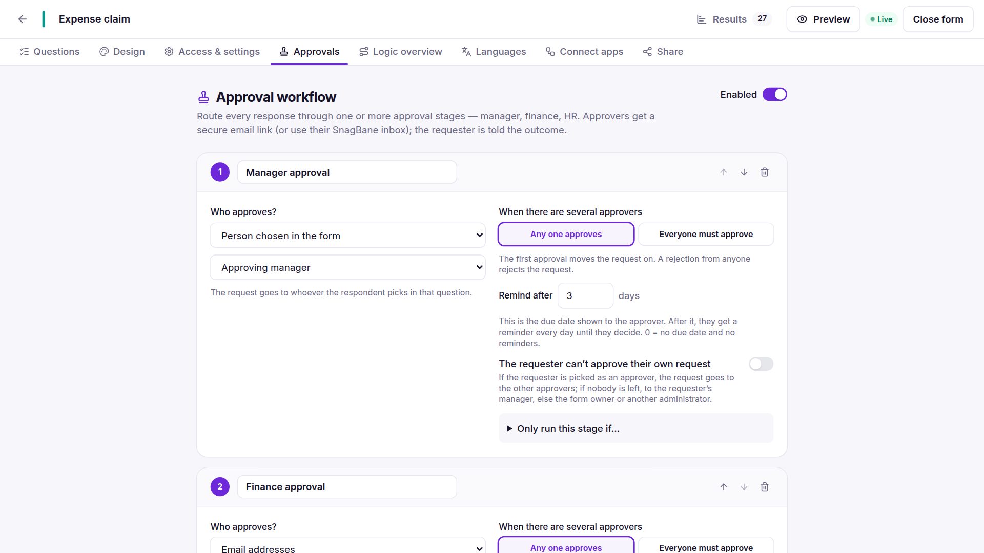 Approval workflow with manager and finance stages
