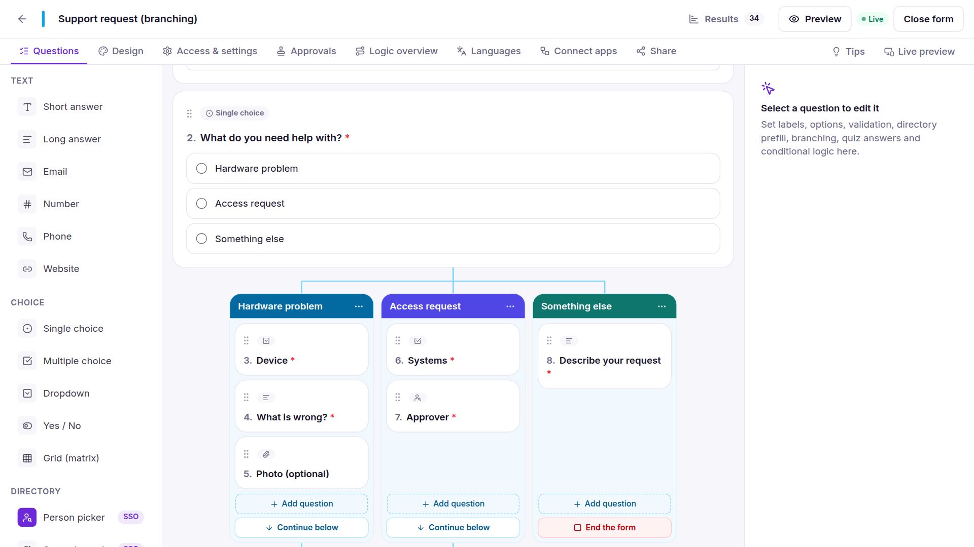 Form builder with three branching columns