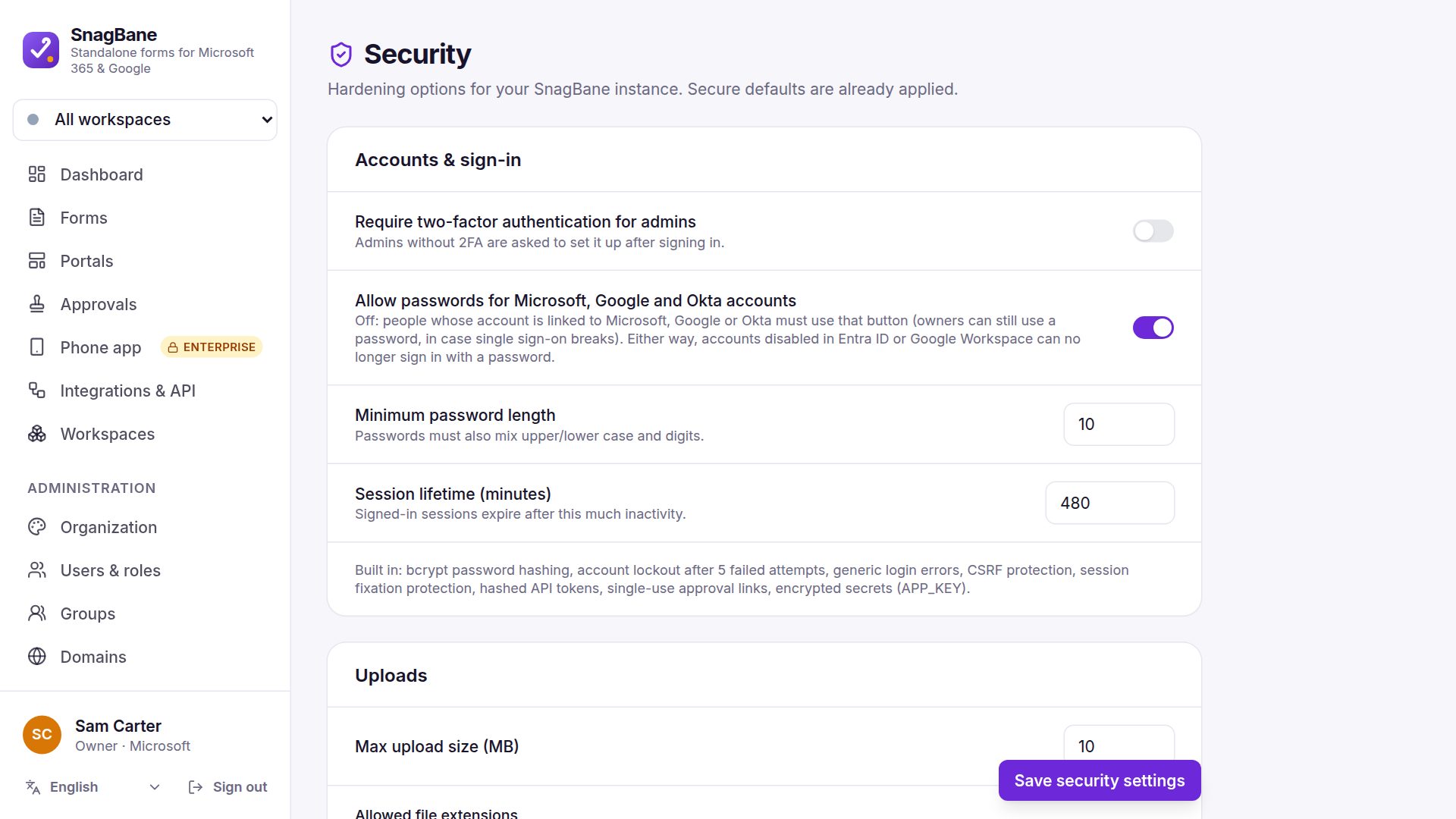Administration → Security settings
